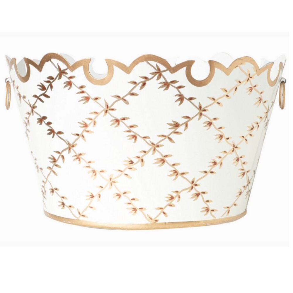 Elegant large ivory scalloped tole trellis planter NEW Never Used Enchanted Home